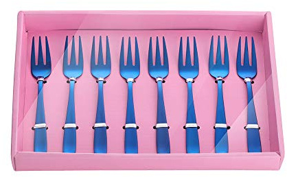YDware 18/10 Edelstahl Kuchengabeln, blaue obstgabeln Set 8 Stück, 14 cm kleine Salatgabeln mit rosa Geschenk-Box, spülmaschinenfest