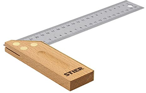 STIER Anschlagwinkel, Schreinerwinkel, Buche, 90° / 45°, 250 mm, mit Griffhohlkehle, doppelseitiger Messingbeschlag