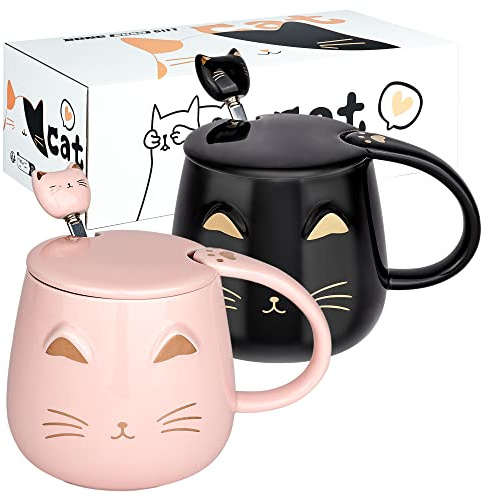Juego de 2 tazas de café para gatos con tapa y bonita cuchara de gatito, juego de tazas de leche para amantes de los gatos, niñas y mujeres, regalo de cumpleaños de Navidad, 450 ml, negro y rosa