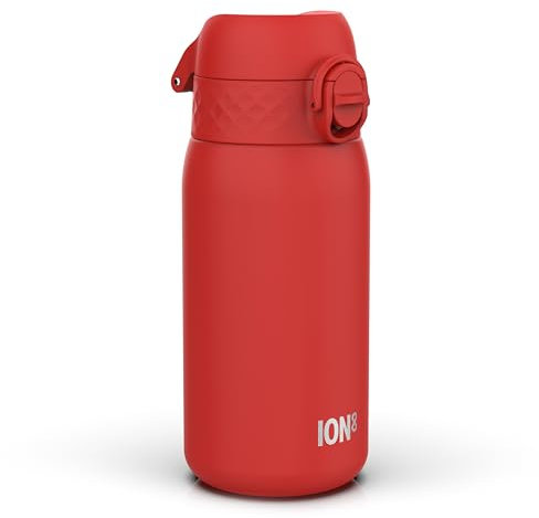 ION8 Vacuum Insulated Steel Water Bottle, 320 ml/11 oz, Leak Proof, Easy to Open, Secure Lock, Dishwasher Safe, Carry Handle, Metal Water Bottle, ThermoShield Stainless Steel, Red
