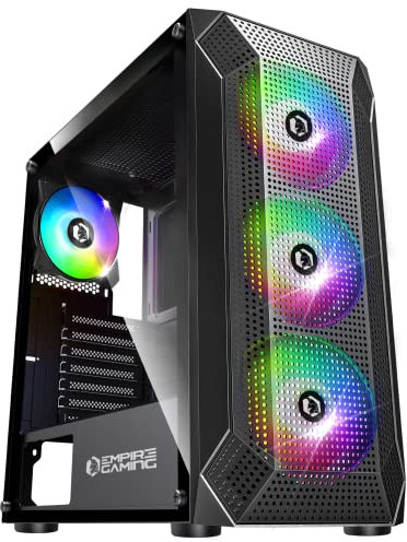 EMPIRE GAMING - PC-Gehäuse Gamer Ruby – ARGB Mittelgroßer Tower ATX, MATX, ITX – Netzblende – Seitenwand aus Acrylglas – 4 Ventilatoren 3 Pin 5V LED RGB Adressierbar 120 mm -MB Sync – Schwarz