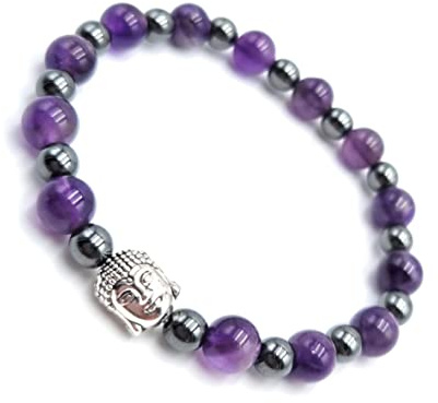 Bracelet J'arrête de Fumer Améthyste et Hématite en Pierres Naturelles avec Bouddha argenté Qualité AAA | Taille personnalisée de 12 à 22 cm au choix | Perles rondes 6 et 8 mm | Création Artisanale