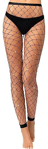 Fohevers Womens Footless Sparkly Fishnet Glitter Tight Diamante No Toes Tights Diamond Rhinestone Shimmer Fishnets Black, Large Net