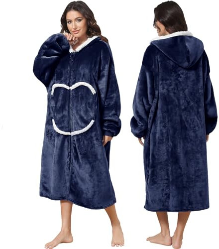 FEELJAM Decke mit Ärmeln Kuscheldecke Hoodie Decken Frauen Decke mit Kapuze mit Reißverschluss und Taschen Wearable Blanket (Navy blau)