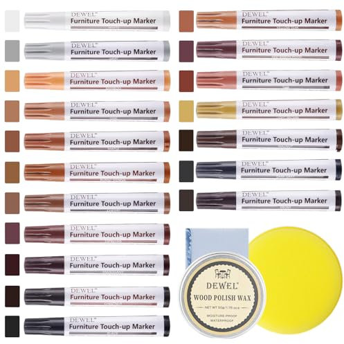 DEWEL Kit Riparazione Parquet 18 Pennarello per Legno Colorati E 50 G di Olio di Cera, Kit Riparazione Mobili in Legno per Macchie, Graffi e Eammaccature su Mobili in Legno (21 Pezzi)