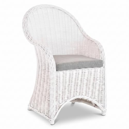 Esszimmer-Sessel Rattan Grau Rattan Korbsessel Esszimmerstuhl Korb Sessel Korbstuhl mit Armlehne Flechtsessel (mit Polster, Weiss)