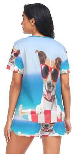 Damen Schlafanzug-Set Lustig Hund Sommer Pyjama Woman Set,Tier Hündchen Hunde Loungewear und Shorts Lounge Set Sleepwear Nachtwäsche