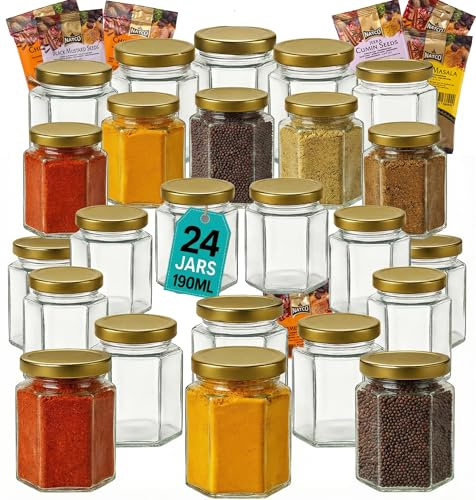Offer Shop 190ml Glass Jars with Lids Storage Mason Jar with Gold Lid- 8 Spices | 24 Hexagonal Jars with Sticker Labels Airtight Food-Grade Containers for Jam, Spices, Pickles, Candle Making