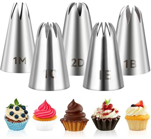 5 puntas para pastelería (1 m, 2D, 1C, 1B y 1E), suministros de decoración, boquillas, herramientas para hornear crema de mantequilla, glaseado, cumpleaños, cupcakes, arte de bricolaje