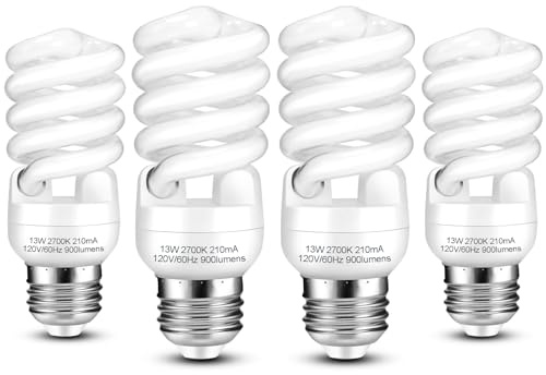 Barfelty E26 CFL Light Bulbs 13Watt, T2 Spiral Soft White 2700K 900lm E26 Medium Base Compact Fluorescent Light Bulbs, UL Approved, 120v 60Hz, Self Ballasted CFL Bulbs (60Watt Equivalent), Pack of 4