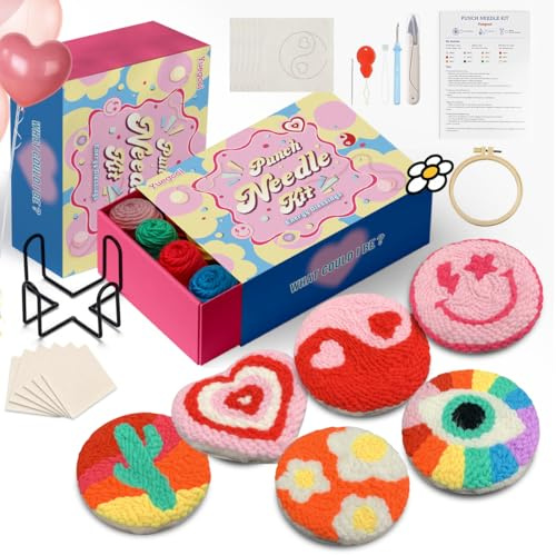 yuegool 6-teiliges Punch-Needle-Untersetzer-Set – Einfaches DIY-Stickset für Anfänger, Kinder & Erwachsene mit Motiven, Garn, Stickrahmen, Anleitung & Halter