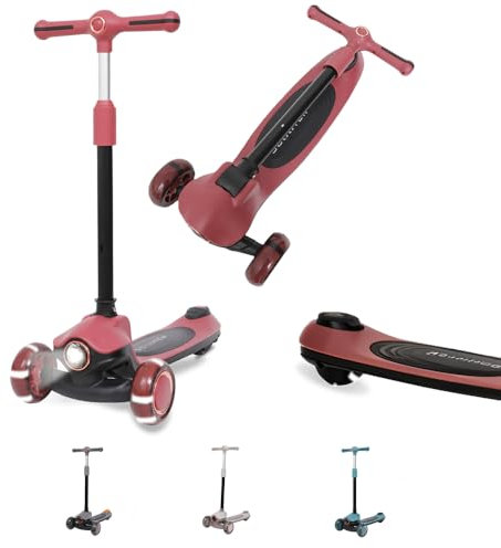 Habib Gruppe Kinderroller Tretroller 3-Rad - LED Frontlicht, Rücklicht & Leuchtendes Deck Scooter, Faltbar, Höhenverstellbar, rutschfest & Pannensicher (3-8 Jahre) - Rot