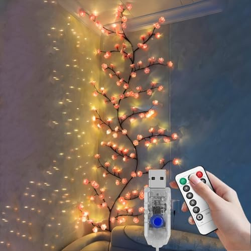 Kirschblüten Willow Vine Wand Deko, 230CM, 144 LEDs, mit Fernbedienung | Biegbare, Dimmbar, USB-Betriebene Timer, 8 Modi, für Schlafzimmer Deko Weinachtsdekorationen, 2.3Meter