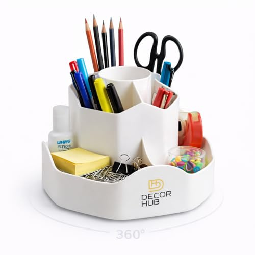 DECOR HUB Organizer Scrivania Girevole 360°, Portapenne da Scrivania con 9 Scomparti, Porta Penne Matite Forbici, Organizer Cancelleria, Accessori Scrivania Ufficio