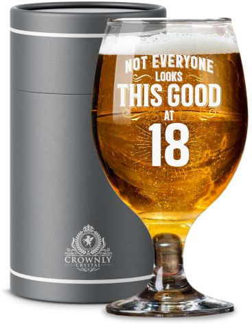 CROWNLY CRYSTAL® Personalised Beer Glass 18th Birthday Gift for Men Friend or Brother Unique Glass with 18th Birthday Decorations