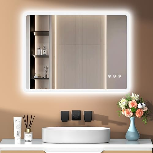 PESENXAN Badspiegel mit Beleuchtung 80 x 60 cm, 3 Lichtfarbe Einstellbare Spiegel Bad mit Beleuchtung, Dimmbar, Antibeschlag, IP44 Wasserdicht & Speicherfunktion, für Montage Horizontal/Vertikal