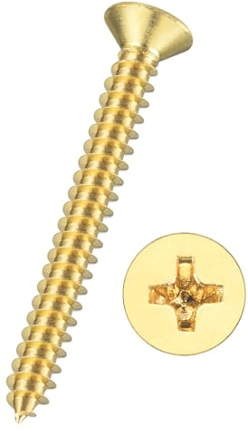 Kozelo 50pcs Phillips Flat Head Wood Screws - [#4x1] Brass Countersunk Self Tapping Screws for Furniture Assembly, Interior Trim, Outdoor Construction, Brass