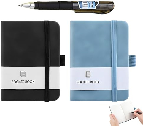 EVTHUR 2 Stück Mini Notizbuch, Notizbuch Klein A7, Stifthalter mit Elastischem Band, Pocket Notebook für Männer Frauen, 200 Seiten (schwarz/blau)