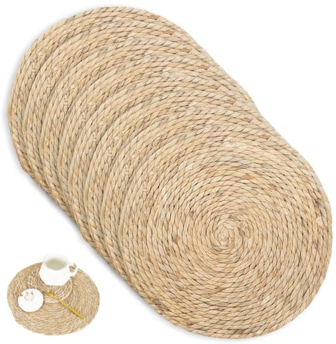 GOEDCH Juego de manteles individuales de jacinto de agua: 8 unidades, 30 cm, redondo, trenzado, jacinto de agua, manteles individuales lavables y trenzados, manteles individuales redondos para mesa de