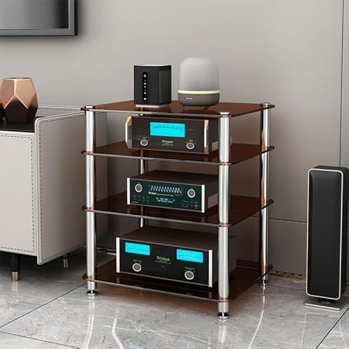 Diodceraic Mobile Rack Hi-Fi 1/2/3/4 Ripiani in Vetro Temperato per Amplificatore, Giradischi, Lettore CD - Scaffale per Impianto Stereo e Home Cinema(Amber glass,4 tier)