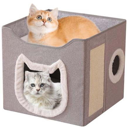 Casa para gatos | plegable para mascotas | Gran estante de 2 niveles con rascador y bola para gatos y perros | Interior exterior invierno