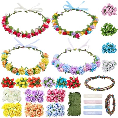 INFUNLY 30er Set DIY Blumenkranz Bastelset Mit 6 Farbigen Rosen Hochzeitskränze Selbstgemachte Beerenzweige Türdekoration Blumengirlande Für Frauen Zur Herstellung Von Blumenarmbändern Und Haarreifen