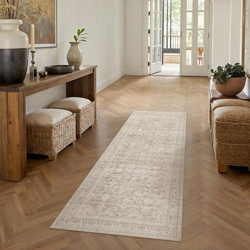 HUGEAR 2x6 Runner Rug Vintage Beige Machine Washable Retro Floral Hallway Low Pile Carpet Vacuumable Distressed Long Throw Rug Bedroom Office Bathroom Kitchen Laundry Non Slip Soft Lightweight