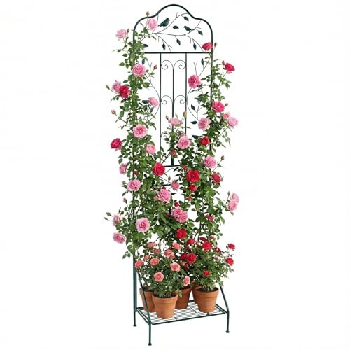 COSTWAY Rankgitter Metall, 3 in 1 dekorativer Gartenzaun & Blumenregal & Pflanzstütze, freistehende Rankhilfe mit Sockel, Spalier Garten, Rankspalier für Kletterpflanzen Blume Gemüse (Grün,1 Pack)