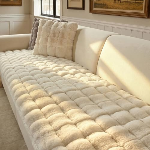 OHSIO Sofa Überzug aus Kunstfell in Kaninchen-Optik, Rutschfester Couch Überzug für 1–4 Sitzer, superweicher Sofabezug, waschbar & haustierfreundlich(Weiß, 70x160cm)