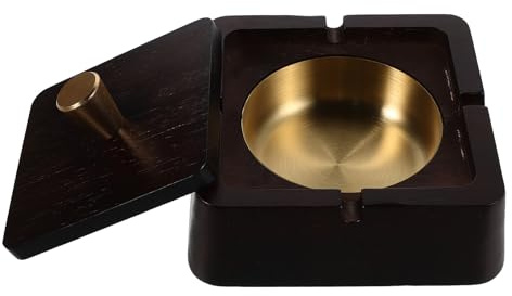 jojofuny Cenicero de Madera con Revestimiento Metálico y Tapa Cuadrada, Cenicero de Mesa sin Humo para Cigarrillos, Accesorio para Fumar para Hogar, Oficina y Patio, Fácil de Limpiar