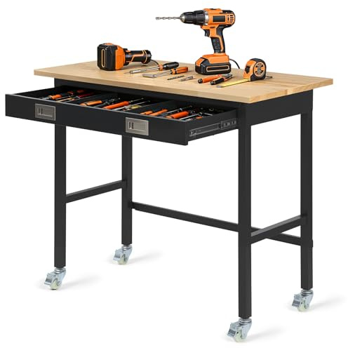 VEVOR Banco da Lavoro 1220x610 mm Tavolo da Lavoro Carico 680 kg, Tavolo per Lavorazione da Garage Cassetto Portautensili Attrezzatura Presa di Corrente Ruote Pannello Forato, Banco da Studio Officina