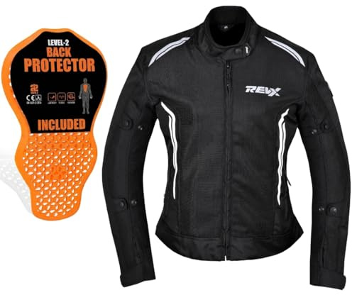 REVX Motorradjacke Damen Sommer Schutzjacke mit CE Protektoren Ultra Belüftete Mesh Jacke, Leichte Textiljacke mit Rückenprotektor (DE/NL/SE/PL, Alphanumerisch, M, Regular, Regular, Schwarz)
