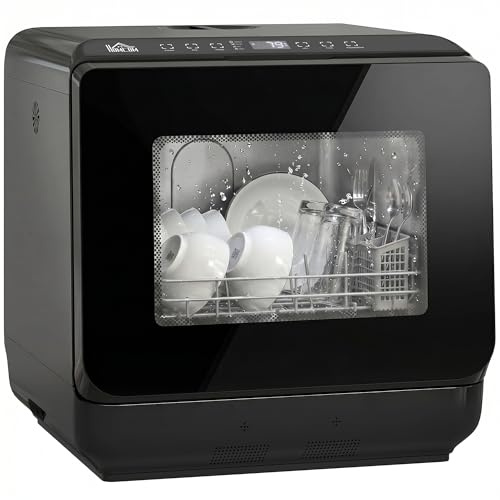 HOMCOM Mini Geschirrspüler mit 4 Maßgedecke 5 Programmen, Schwarz | 6L Wassertank, Tischgeschirrspüler, Trocken Funktion, Touch Control, LED Anzeige, Spülmaschine, mit/ohne Wasseranschluss