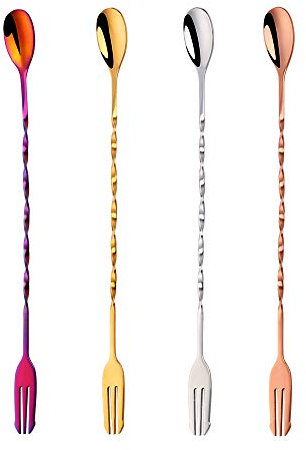 Meisha Twisted Mixing Spoon with Fork, Set of 4, 12.6 Inches Stainless Steel Long Cocktail Spoon, Bar Spoon (Multicolor)