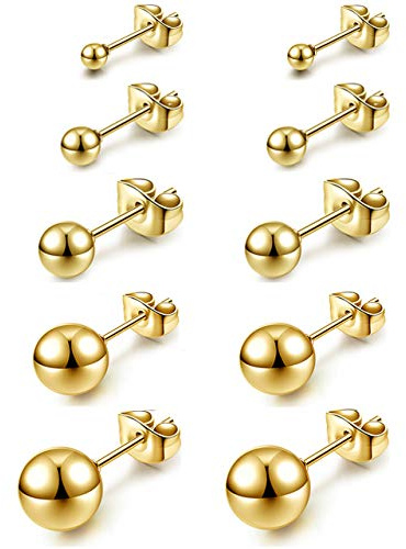 AllerPierce Hypoallergenic Gold Ball Earrings Studs Set Cartilage Earrings Stainless Steel Round Ball Studs Earrings for Women Men 3mm-8mm（10Pcs）
