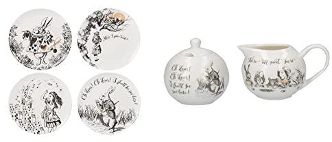 Inconnu Victoria & Albert Alice au pays des merveilles Assiettes à dessert, Blanc, Lot de 4 & V & A Alice au pays des merveilles Pot à lait et sucrier, Blanc, 18 x 7.5 x 7 cm