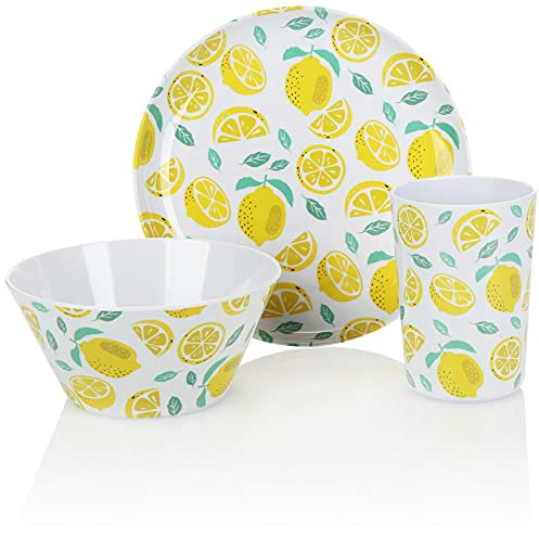 COM-FOUR® Juego de vajilla de 3 piezas - Vajilla reutilizable, reutilizable de melamina - Tazas, cuencos y platos con un diseño veraniego (3 piezas - limones)