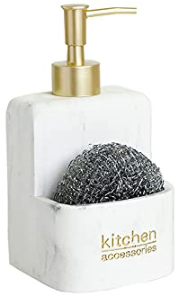 zhanwang, Dispenser di sapone con supporto per spugna, motivo marmo bianco, mensola da cucina, ripiano in spugna per lavello, portaoggetti e organizzazione, per cucina (marmo bianco con parola)