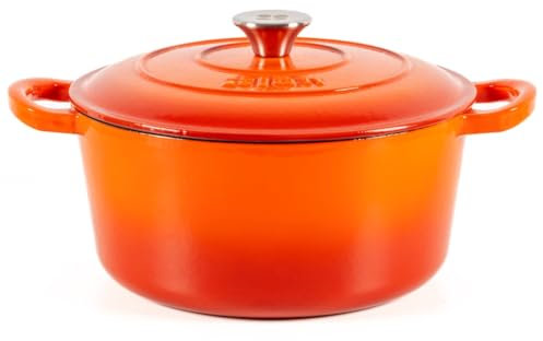 Lätt Home Cocotte in Ghisa Smaltata Arancione. Forno Olandese Pentola Rotonda Antiaderente 26x12 CM - 4,8 L. Casseruola Pentola in Ferro per Induzione, Vetroceramica e Forno