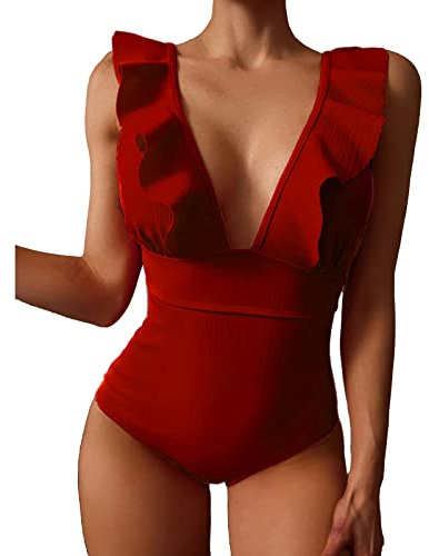 Dam baddräkt 1 st volanger djup snörning baksida texturerad monokini push up vadderad rynkad baddräkt ett stycke strandkläder (röd, XL)