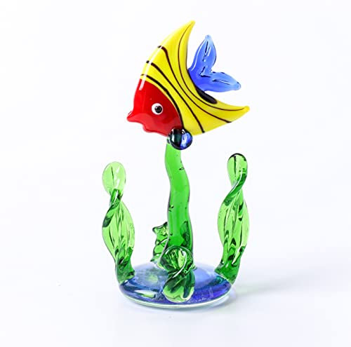 TURSGYZ Glaze Art Bunte Tropische Fische grünes Wassergras Glasfigur handgefertigt mundgeblasenes Glas Briefbeschwerer Geschenk für Geburtstag Heimdekoration Tischdekoration
