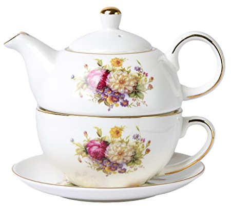 CHILDIKE Juego de té para uno, juego de tetera y taza, diseño floral vintage con ribete dorado | Juego de taza de té europea con platillo, juego de té de porcelana, regalo para mujer
