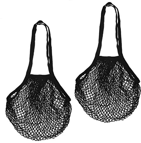 sourcing map Cotton Mesh Bag, 14.96x12.2 Long Handle Reusable Washable Mesh Net String Grocery Bags Organizer for Fruits Vegetables Shopping Black 2Pcs