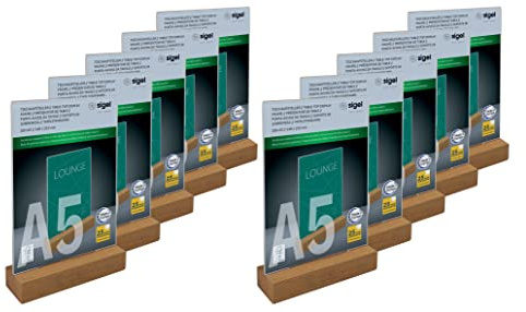 Sigel Tischaufsteller A5 hoch Acryl mit Eichenholz-Sockel 10er Pack | TA254/10, Glasklares Acryl, garantiert UV-beständig und FSC-zertifiziertes Holz