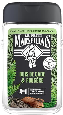 Le Petit Marseillais - Gel Douche Homme Bois de Cade & Fougère (flacon de 250 ml) – Formule 4 en 1 corps, cheveux, visage & barbe – 92 % d'ingrédients d'origine naturelle et pH neutre