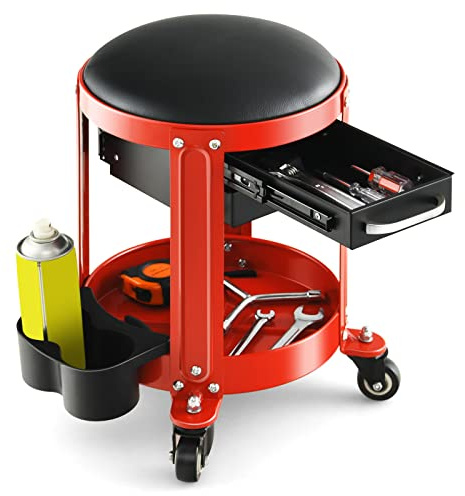 GOPLUS Tabouret d'Atelier à roulettes avec 2 Tiroirs & Porte-gobelets, Chaise d'Atelier Pivotante à 360°avec Coussin Rembourré & Plateau à Outils, pour Atelier, Garage, Charge 150 kg