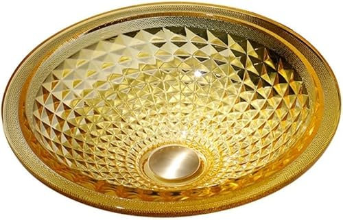 Waschplatz Handwaschbecken für Badezimmer Badezimmer-Waschbecken Mit Abfluss-Kombination, Rundes Aufsatzwaschbecken, 12 Mm Dickes Glas-Waschbecken, Waschbecken Im Modernen Kunststil (Color : Yellow)