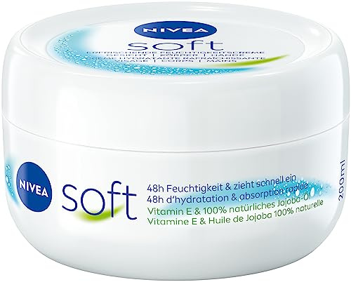 NIVEA Soft erfrischende Feuchtigkeitscreme (200 ml), leichte Creme mit Vitamin E und 100% natürlichem Jojoba-Öl, schnell einziehende Hautcreme für fühlbar entspannte Haut