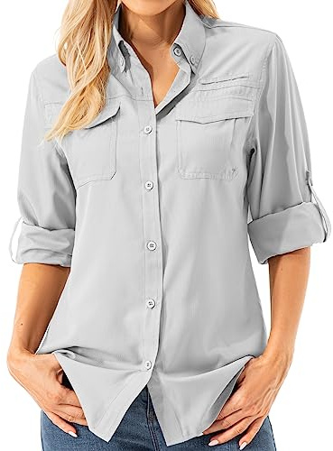 Asfixiado Blusa de mujer con protección UV UPF 50+, ropa de safari, blusa de senderismo para mujer, de secado rápido, protección solar, de manga larga, gris, XS