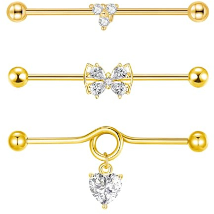 Besyvvin 3Pcs Industrial Piercing Argent Noir Or Barres De Perçage Industrielles Acier Chirurgical 14G 38Mm Oreille Piercing Bijoux